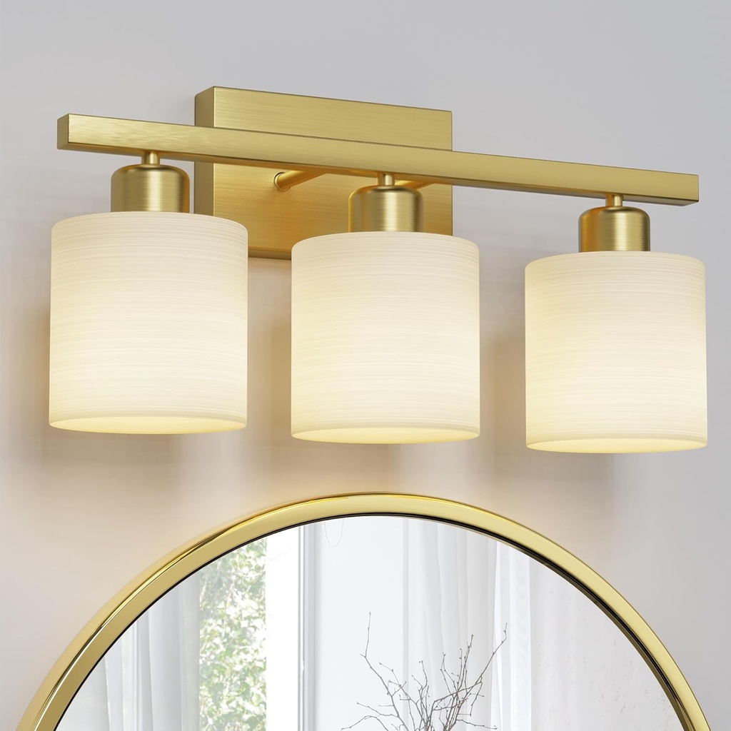 PARTPHONER Bathroom Light Fixtures, Bathroom Lighting Fixtures Over Mirror, Interior Classic Vanity Lights, Modern Vanity Light with Textured White Glass Shade, Brushed Gold, 3-Light