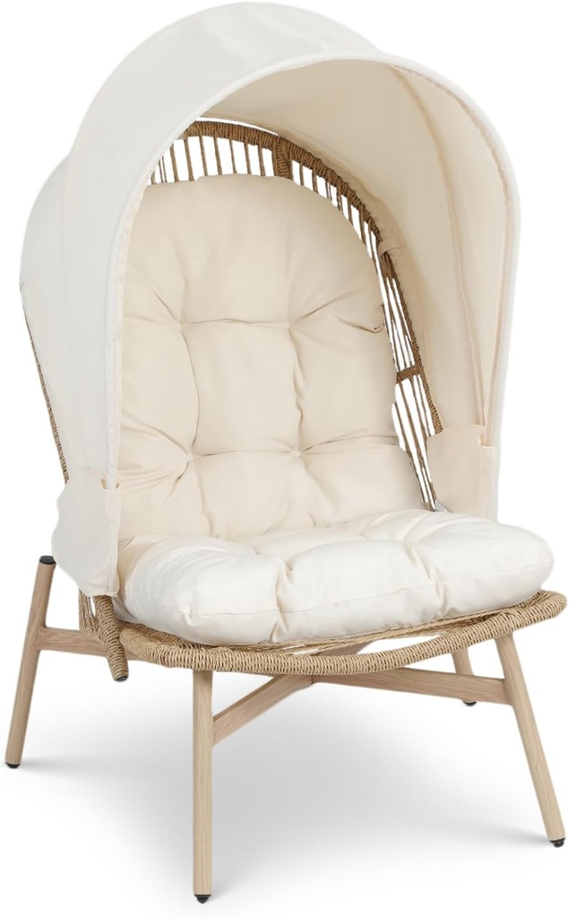 Athena Collection Patio Wicker Egg Chair with Folding Canopy, All-Weather Rattan Patio Lounge Chair with Sun Shade, Balcony Furniture Outside Seating for Front Porch, Garden, Poolside, Outdoor, Beige