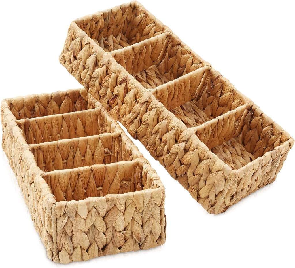 Casafield Set of 2 Water Hyacinth Basket Organizers with 4 Sections, Natural - Woven Storage Bins for Bathroom, Laundry, Pantry, Office, Shelves