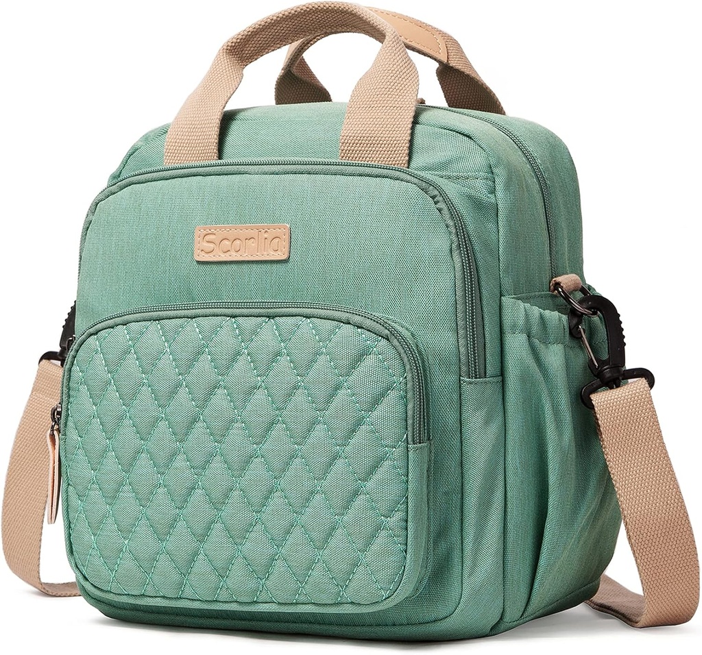 Scorlia Insulated Lunch Bag Thermal Rucksack, 3 in 1 Convertible Lunch Tote with Side pockets for Women, Tall lunch Cooler Box with Drinks Holder for Office, Beach, Green