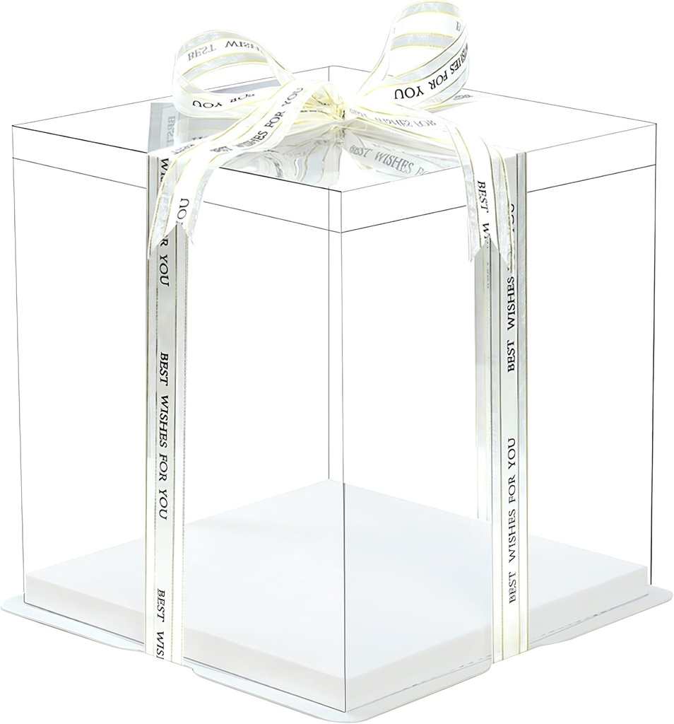 5 Pcs, 12'x12'x11' inch Food Grade Clear Plastic Display Boxes, 29.4 x 29.4 x 25 cm with Ribbon, for Cakes, Bakeries, Desserts, Birthday, Christmas and Thanksgiving