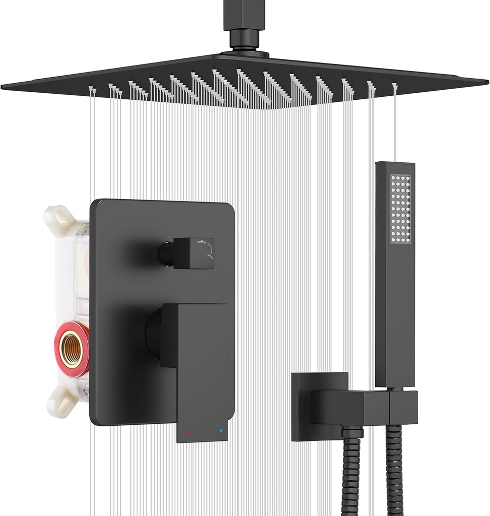 esnbia Shower System, Bathroom 12 Inches Rain Shower Head with Handheld Combo Set, Ceiling Mounted High Pressure Rainfall Dual Shower Head System, Shower Faucet Set with Valve and Trim, Matte Black