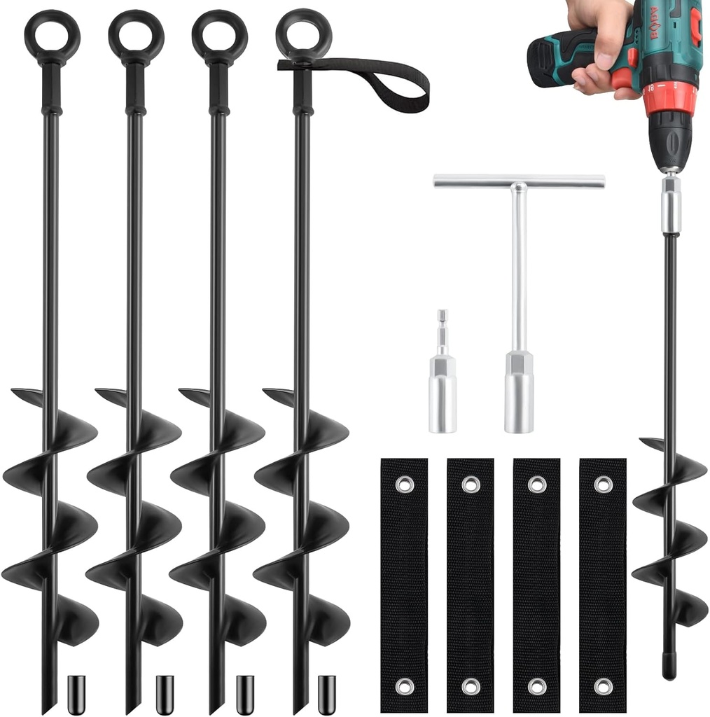 18-Inch Ground Anchors Screw In Heavy Duty, 4 Pack Trampoline Anchors & Stakes High Wind With Wrenches And Straps, Earth Anchors Kit For Swing Sets, Sheds, Camping Tent, Canopies, Mobile Home