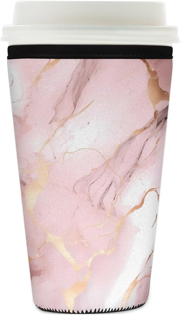 Pink Rose Gold Marble Print Reusable Iced Coffee Sleeve Neoprene Insulated Drink Holder, Washable Anti-Slip Cold Cup Sleeve for Tumblers Bottles Glasses 26-28oz