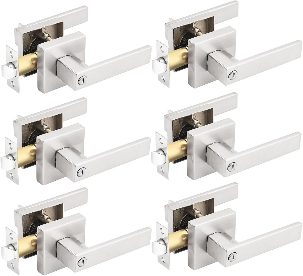 Gobrico Pack of 6 Square Door Handles Levers, Bedroom and Bathroom Privacy Locks Satin Nickel Finished, Keyless Interior Door Locksets Door Knobs