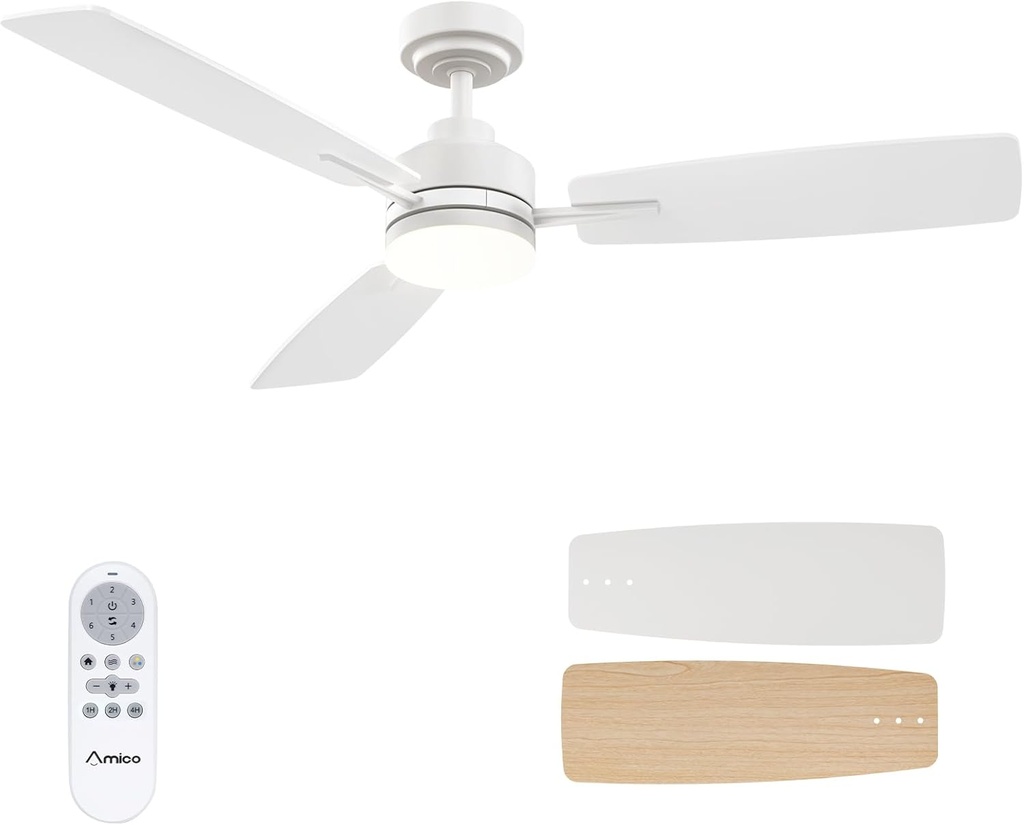 Amico Ceiling Fans with Lights, 52 Inch Ceiling Fan with Light and Remote Control, White Fan, Reversible, 3CCT, Dimmable, Noiseless, Ceiling Fan for Bedroom, Indoor/Outdoor Use