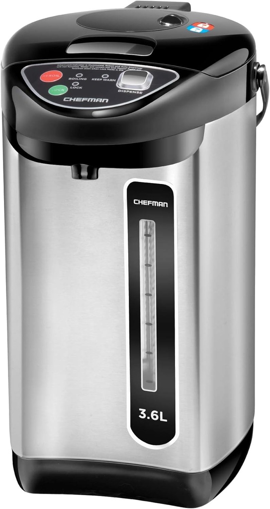 Chefman Electric Hot Water Pot Urn w/Auto & Manual Dispense Buttons, Safety Lock, Instant Heating for Coffee & Tea, Auto-Shutoff & Boil Dry Protection, Insulated Stainless Steel, 3.6L/3.8 Qt/20+ Cups