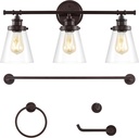 JONATHAN Y JYL1507A Hollis 23.75" 3-Light Traditional Farmhouse Vanity Light with Bathroom Hardware Accessory Set, Oil Rubbed Bronze (5-Piece) - Towel Bar & Ring, Toilet Paper Holder, Robe Hook