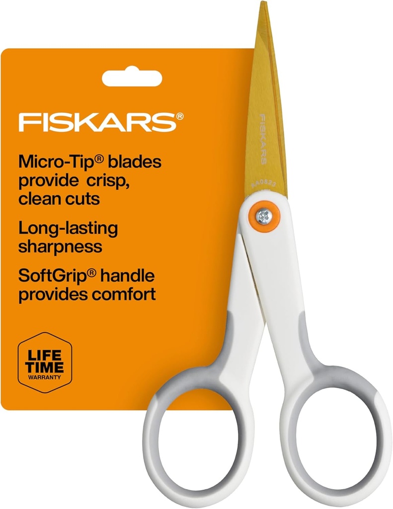 Fiskars Micro-Tip Scissors, Precision Cutting Shears, Titanium Blades & SoftGrip Handle for Intricate Cuts, 5”, White/Gray