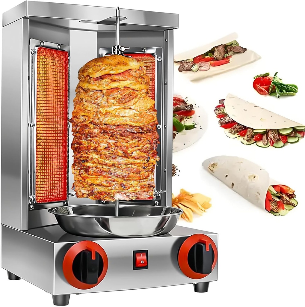 Shawarma Grill Machine LP Gas Gyro Grill Oven Vertical Broiler Rotating Doner Kebab Machine Countertop Rotisserie with 2 Burners for Home Kitchen Adjustable Tempereture Max.300℃,220V