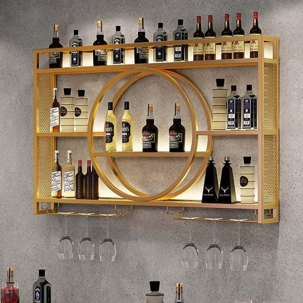 Wine Rack, Metal Wall Mounted Wine Rack with LED Light, Multifunctional Display Shelf and Wine Glass Holder for Dining Room, Bar, and Wine Cellar,Gold,140cm/55.1in