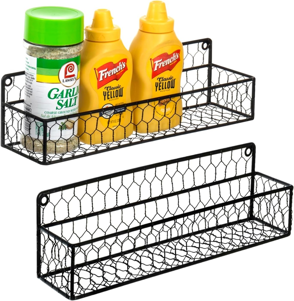 MyGift Wall Mountable Spice Rack Shelf Organizer, 12-Inch Black Chicken Wire Hanging Kitchen Seasoning Condiment Storage Display Rack, Set of 2