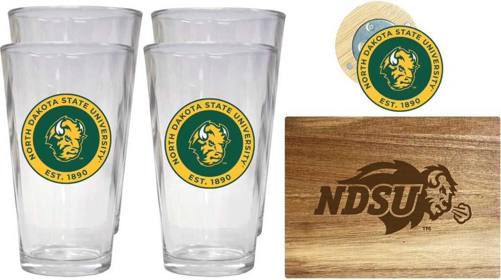 R and R Imports North Dakota State Bison Officially Licensed Kitchen Pack - Wood Cutting Board, 4 Pint Glasses & Magnetic Bottle Opener
