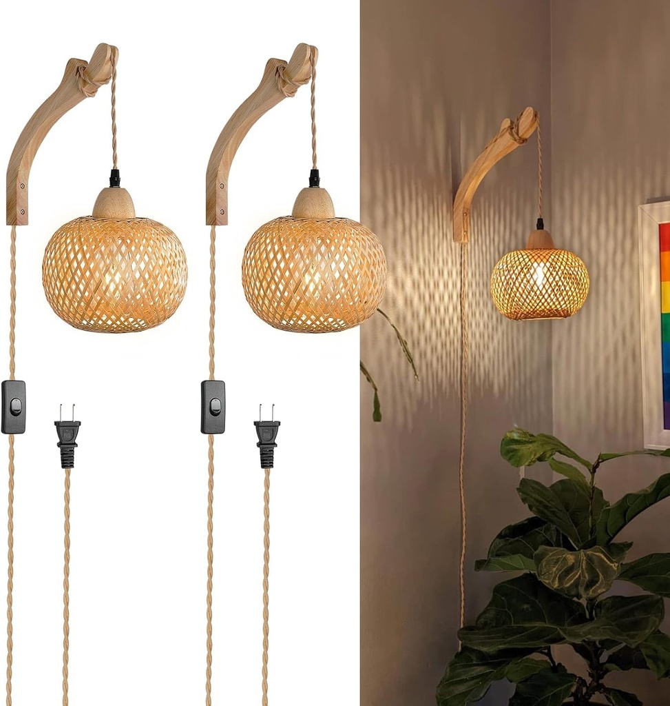 Frideko Bamboo Wall Sconces Set of Two Plug in, Boho Wall Lamp with Plug in Cord, Farmhouse Light Fixtures with 9.84FT On/Off Switch Cord, Rattan Sconces Lighting for Bedroom Living Room