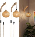Frideko Bamboo Wall Sconces Set of Two Plug in, Boho Wall Lamp with Plug in Cord, Farmhouse Light Fixtures with 9.84FT On/Off Switch Cord, Rattan Sconces Lighting for Bedroom Living Room