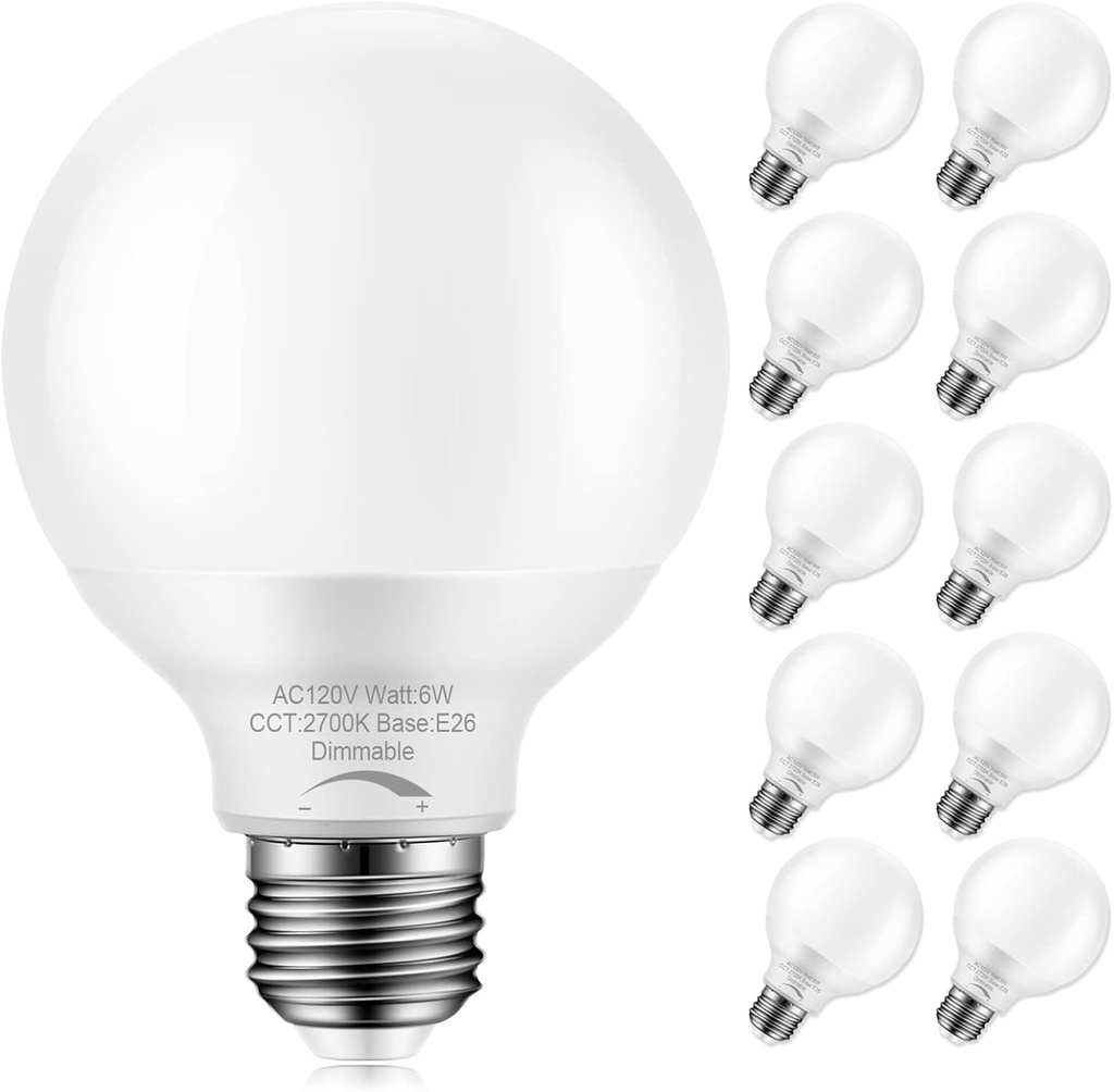 10-Pack Dimmable G25 Globe Light Bulbs LED, 6W=40W Replacement, Warm White 2700K, E26 Medium Base, Ideal for Bathroom Vanity, Makeup Mirror or Sputnik Light, 120V, Round Light Bulbs