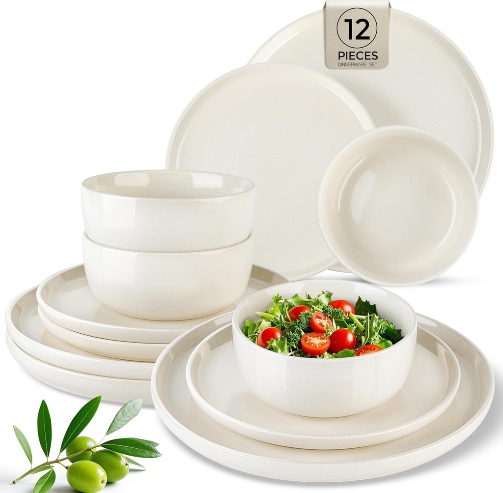 AmorArc Dinnerware Sets for 4, 12 Pieces Ceramic Plates and Bowls Set, Handcrafted Stoneware Plates Set, Dishwasher & Microwave Safe Dishes Set