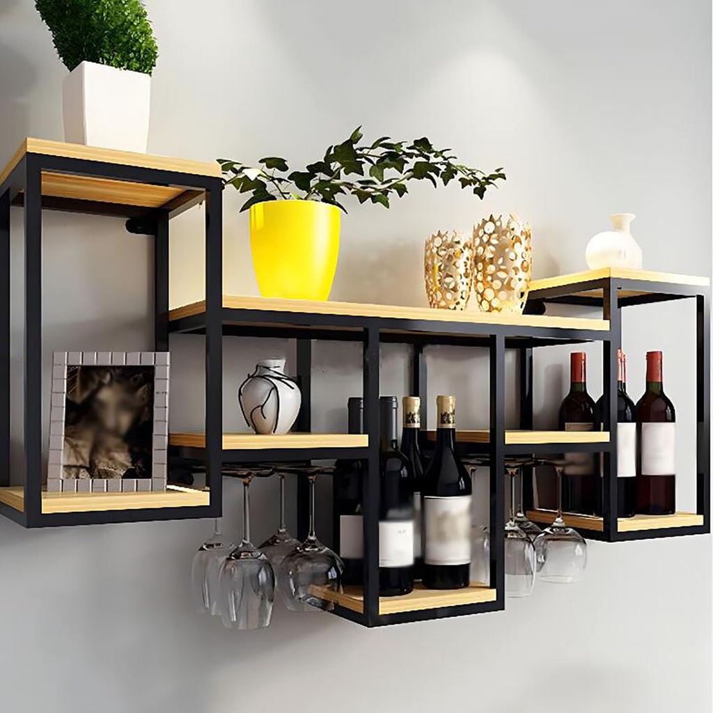 Industrial Wall Mounted Wine Rack,Vintage Bar Floating Shelf,Metal Wine Bottle Holder,Wine Storage for Kitchen,Cellar,Home,Upside Hanging Goblet,B,106CM