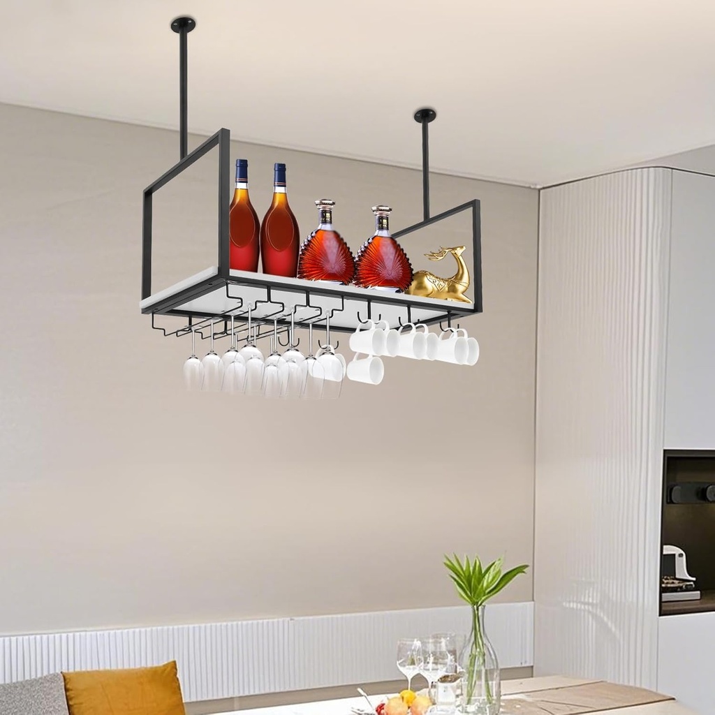 Ceiling Wine Rack with Glass Holder, 31.5 Inch Wine Glass Rack Hanging Goblet Shelf Wine Glass Holder Metal Wine Display Stand Black for Kitchen Bar Cafe