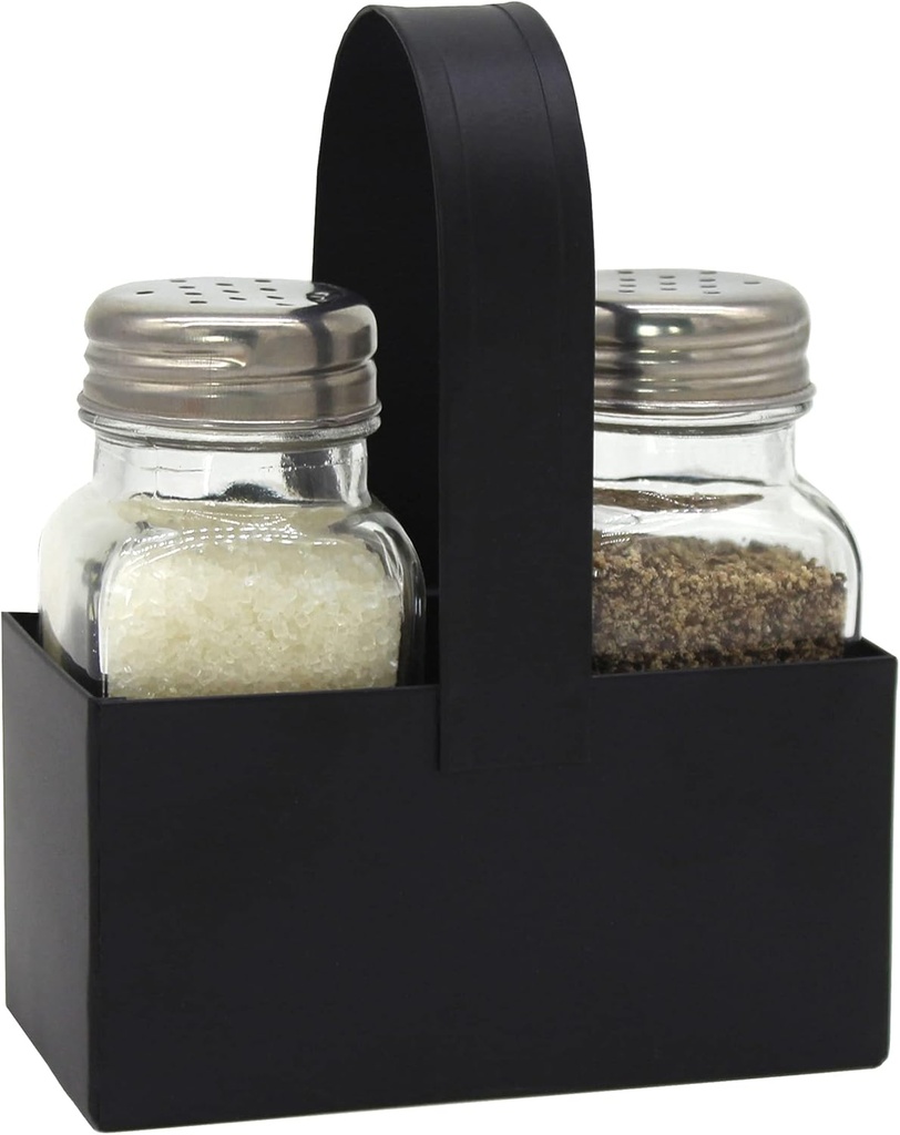 CVHOMEDECO. Salt and Pepper Shakers Set with Black Galvanized Caddy, Farmhouse Glass Salt and Pepper Shaker Dispensers, Black Metal Holder with Padded Feet, for Home Kitchen Table Decor. Rectangular