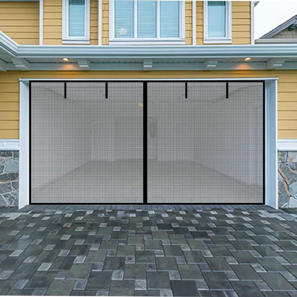 uxcell Magnetic Double Garage Screen Door for 2 Car Garage Doors Fiberglass Mesh Door Screen with 6 Strapping Tapes, Hands Free Door Screen with Closure Weighted Bottom (16x7ft)