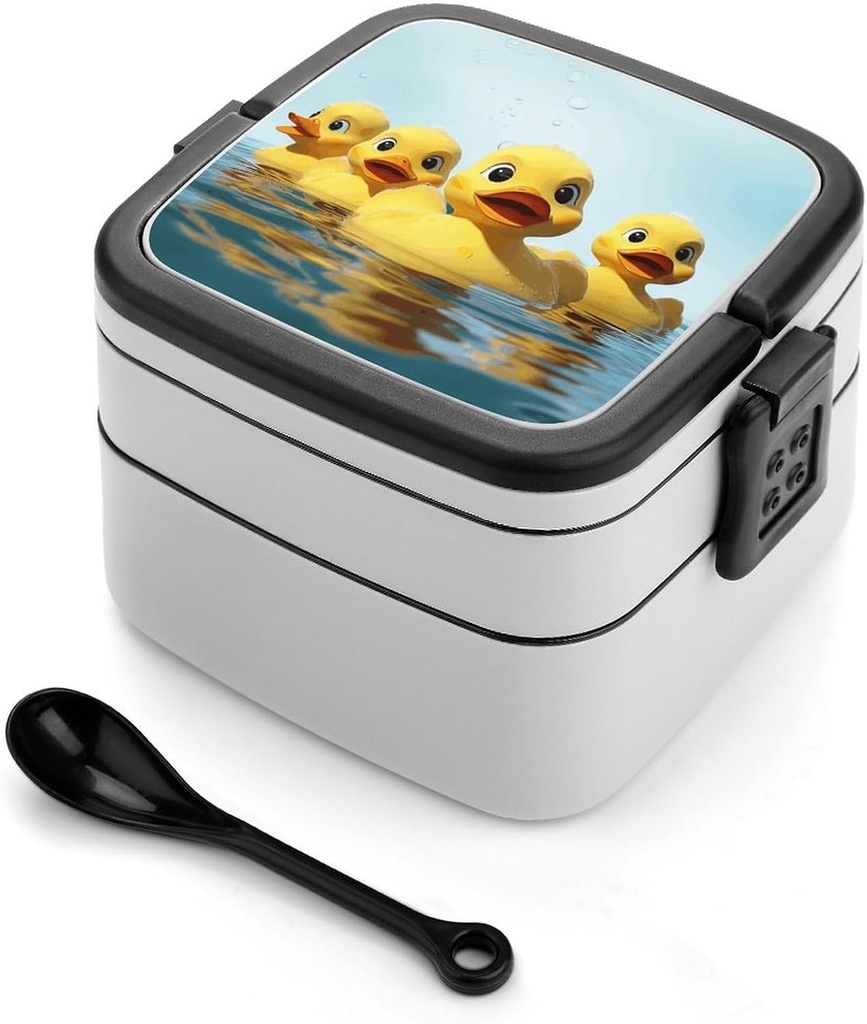 Stackable Double-Layer Bento Box Cute Yellow Rubber Ducky Adults Lunchbox with Spoon Cute Japanese Bento Box Dishwasher Safe for Work Travel Dining Outc