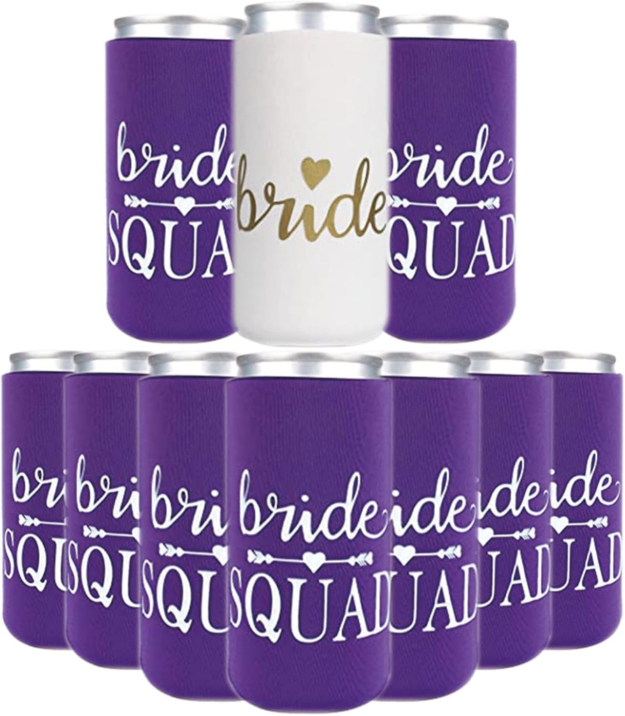 PartyGifts&beyond 10Packs Bachelorette Party Decorations Slim Can Cooler Bridesmaid Gifts Can Sleeves Bride Squad Can Coolers for Party(Purple)