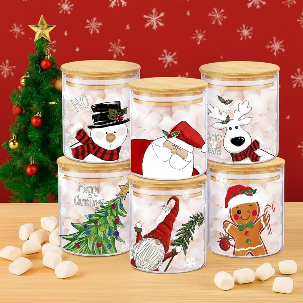 6 Pcs Christmas Glass Storage Jars with Airtight Lid Red White Candy Cane Gingerbread Man Santa Claus Glass Food Storage Jars for Xmas Kitchen Cookie Coffee (Santa Claus)