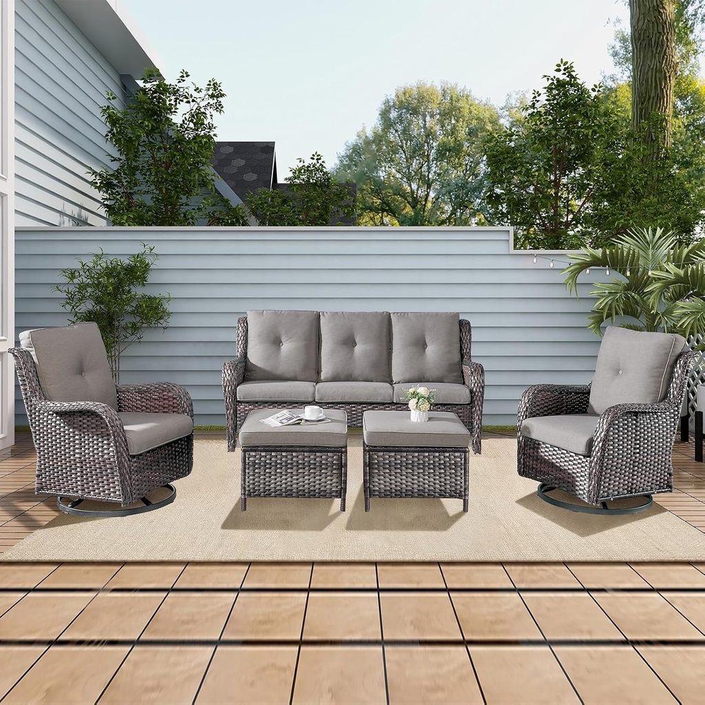 Rilyson 5 Piece Outdoor Patio Furniture Set - Rattan Wicker Patio Conversation Sets with 2 Swivel Rocker Chairs,2 Ottomans and 1 Sofa for Outside Porch Deck Backyard(Mixed Grey/Grey)