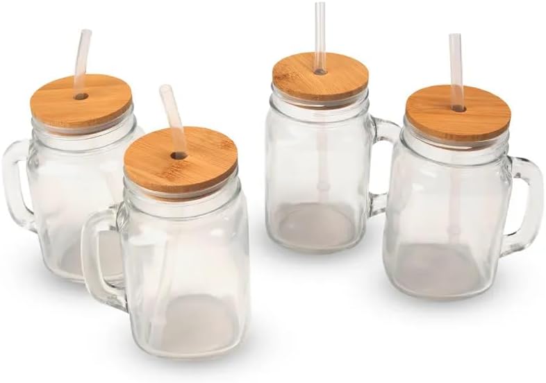 4PC Glass Jars with Bamboo Lids & Thick Plastic Straw, 15oz Mason Jar Drinking Glasses – Reusable Tumbler Set for Cold Beverages As In Beer, Iced Tea, Punch, Smoothie, Whiskey, Iced Coffee Glasses