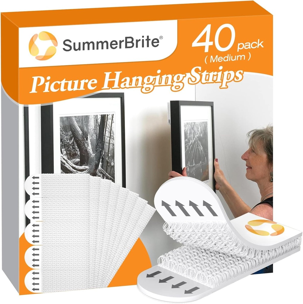 Picture Hanging Strips 40 Strips, Damage Free Removal, Wall Poster Picture Hangers Without Nails, Sticky Hook & Loop Adhesive Strips for Poster/Picture/Home/Office, 20 Pairs/Medium, White