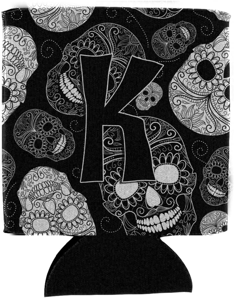 Caroline's Treasures CJ2008-KCC Letter K Day of The Dead Skulls Black Can or Bottle Hugger Cooler Washable Drink Sleeve Collapsible Beverage Insulated Holder, Can Hugger, Multicolor