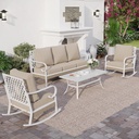 4 PCS Metal Outdoor Patio Furniture Set, Patio Conversation Set 1 3-seater Sofa, 2 Rocking Chairs with 5.75" Extra Thick Cushion and Coffee Table, White Frame Backyard Furniture, Beige