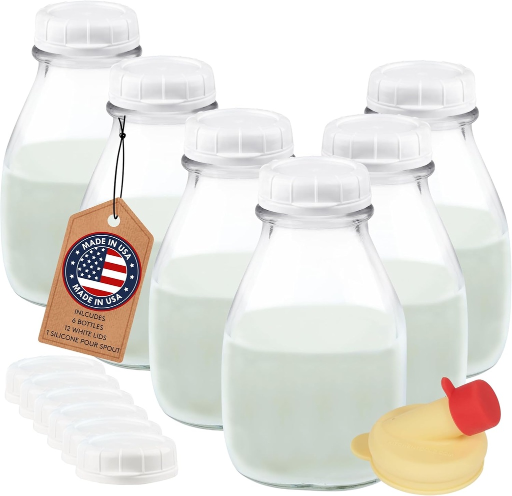 kitchentoolz 16 Oz Glass Mini Milk Bottles with Lids (6 Pack) – Reusable Glass Bottles for Milk, Creamer, and Juice – Includes 12 Tamper-Proof Caps and One Silicone Pour Spout