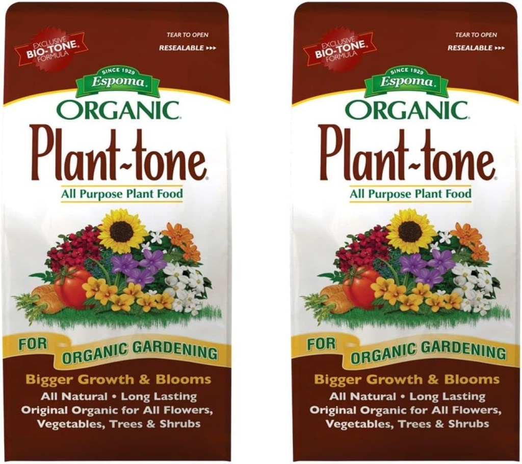 Espoma Organic Plant-Tone 5-3-3 Natural & Organic All Purpose Plant Food; 4 lb. Bag; Organic Fertilizer for All Flowers, Vegetables, Trees, and Shrubs. - Pack of 2