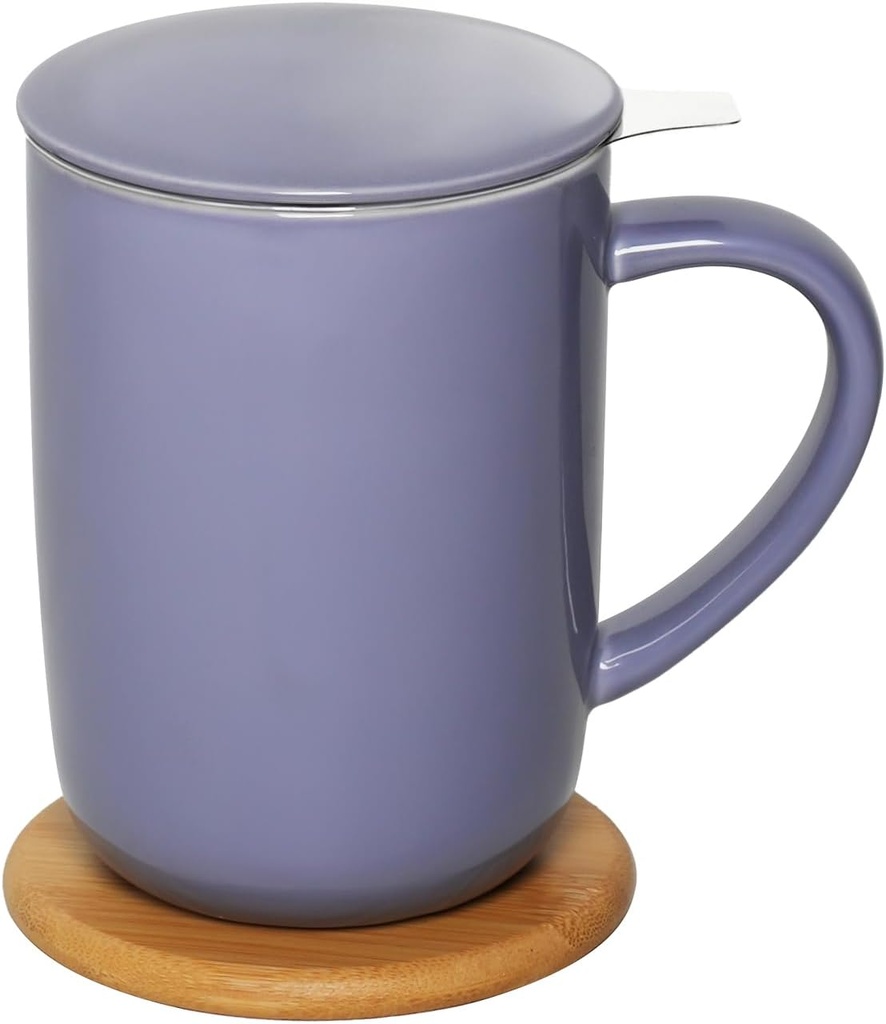 Porcelain Tea Mug with Infuser and Lid, Teaware with Filter and Coaster, Loose Leaf Tea Cup Steeper Maker, 16 OZ for Tea/Coffee/Milk/Women/Office/Home/Gift (Purple)