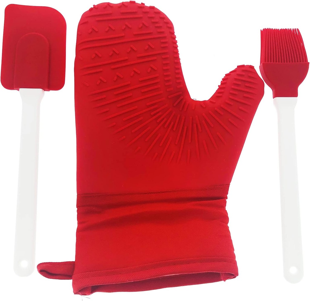 SMART HOME Silicone Oven Mitt with Bonus Spatula and Brush Heat Resistant Non-Stick Cooking BBQ Microwave Oven Holding Hot Pans Plates Utensils.