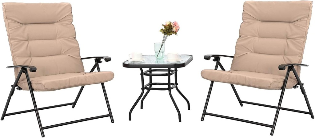 Sophia & William Padded Folding Chairs Set 3 PCS Outdoor Adjustable Patio Reclining Lounge Chairs Bistro Furniture Set with Table for Patio Balcony Porch Garden, Beige