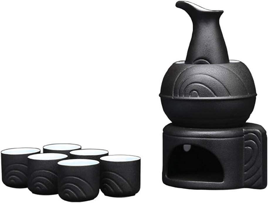 Sake Set of Cup Set Ceramic Cups Crafts Wine Glasses Japanese Ceramic Sake Cup Set with Warmer for Home 9 PCS Black