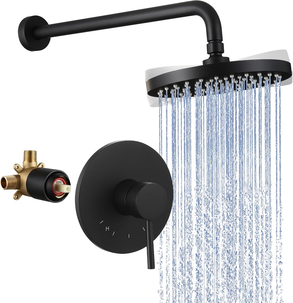 KES Shower Faucets Sets Complete Rain Shower Head Shower Valve and Trim Kit Wall Mount Pressure Balance Black Shower System, XB6202F18-BK