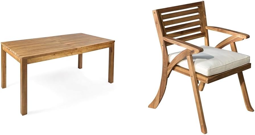 Christopher Knight Home Wilson Acacia Wood Expandable Dining Table, 2 Hermosa Acacia Wood Arm Chairs Outdoor Patio Set, Teak Finish