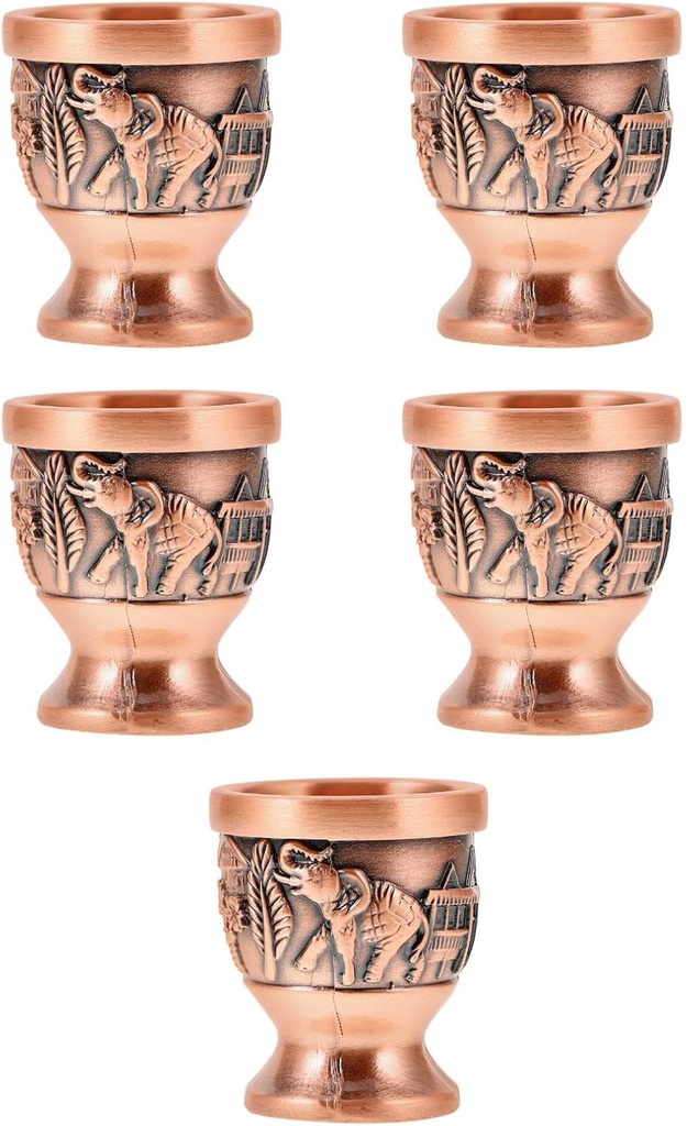 LOGOFUN 5pcs Vintage Goblet Metal Shot Glass with Carving Elephant Pattern Retro Tea Glass Cups Small Wine Glasses Props for Home Office Desktop Decoration