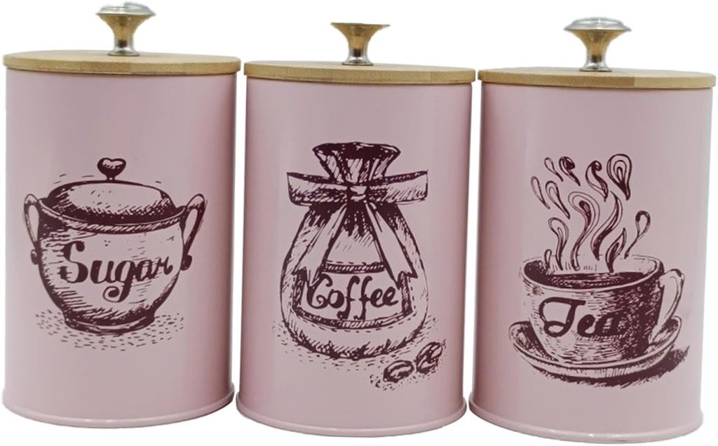 Fenteer 3 Pieces Kitchen Canisters for Countertop Coffee Tea Sugar Containers Set Iron Vintage Simple Farmhouse Stylish Airtight Lids, Pink