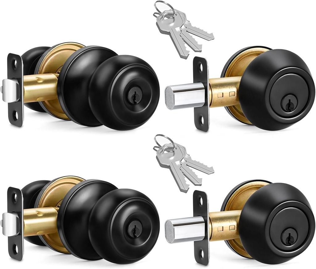 2 Sets Entry Door Knob and Single Cylinder Deadbolt Combo Set, Keyed Alike Round Ball Matte Black Exterior Door Knobs with Lock and Keys for Entrance and Front Door