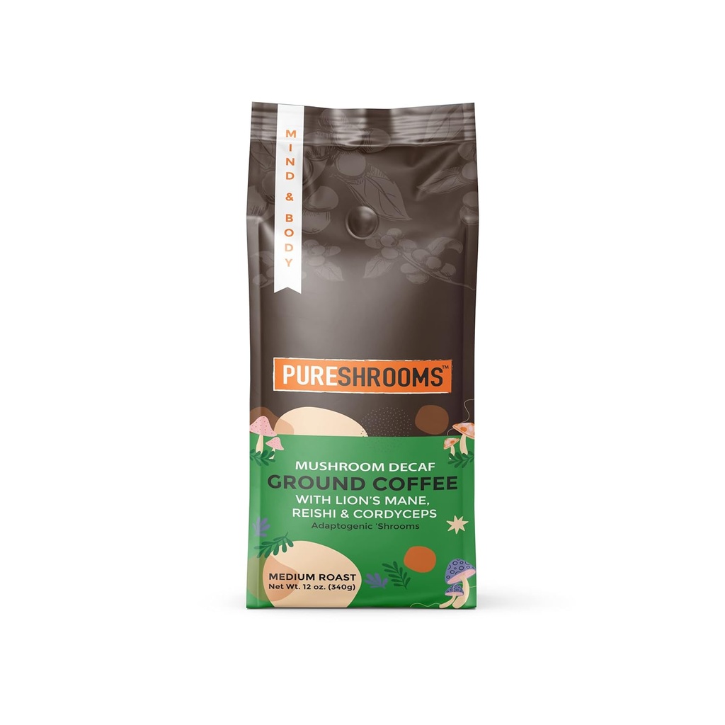 PureShrooms Decaf Mushroom Coffee | Single Origin, Swiss Water, Ground, Infused with Organic Lion’s Mane, Reishi & Cordyceps + L‑Theanine – Guatemala 12 oz Bag