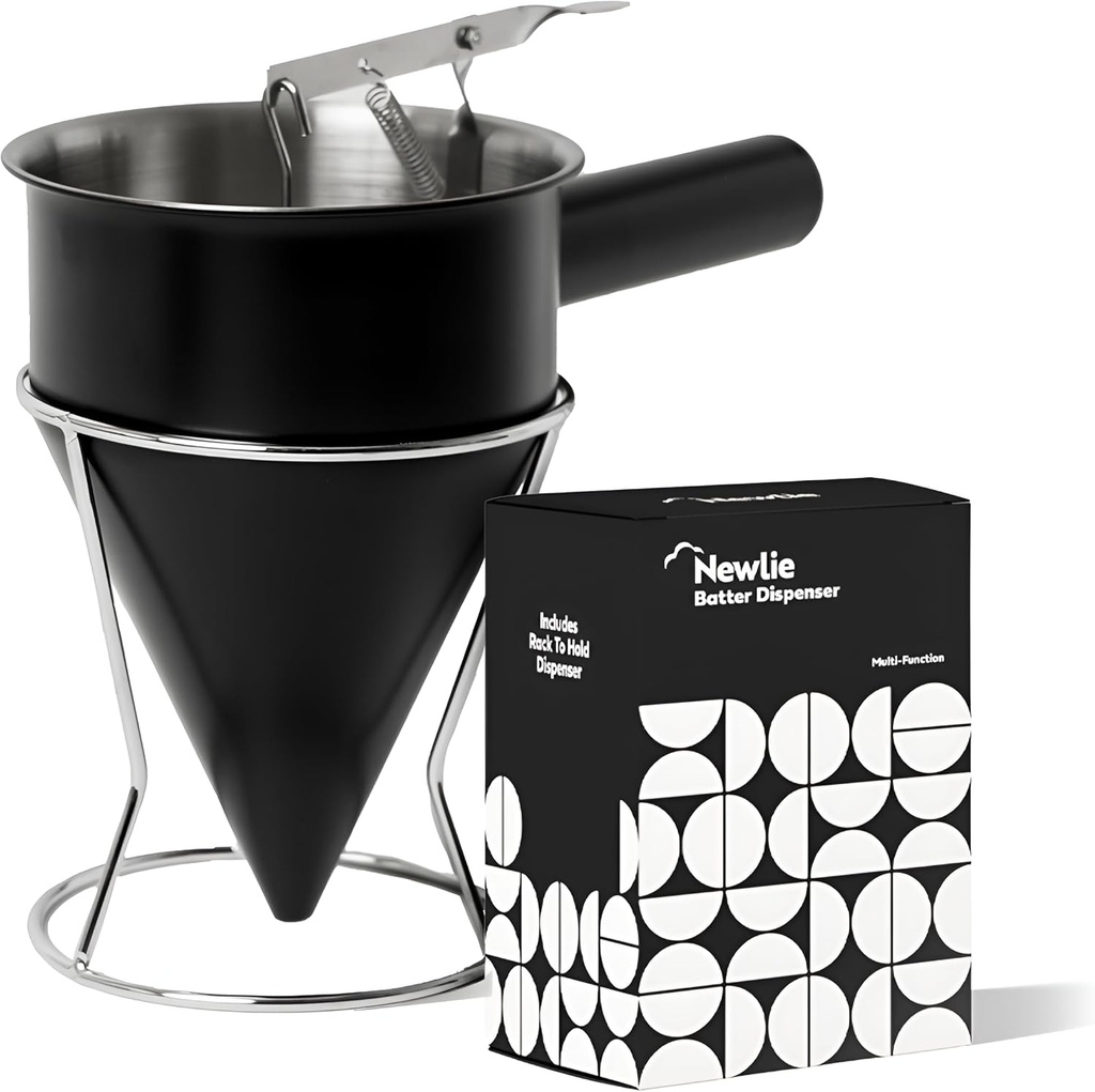Pancake Batter Dispenser (Black) - 40oz Batter Dispenser - Pancake Maker and Versatile Kitchen Tool - Durable Stainless Steel Funnel Design - Stainless Steel Pancake Batter Dispenser by Newlie