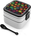 Colorful Cannabis Leaves Bento Box with Spoon, 2-layer Stackable Lunch Box Leak Proof with Invisible Handle, Insulated Food Storage for Office, Picnic & Travel