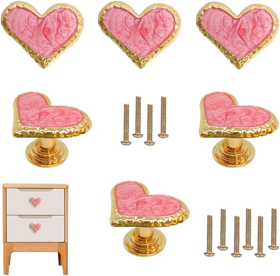 6 pcs Pink Heart Shape Drawer Knobs Zinc Alloy Handle Cute Cabinet Pull Handles Decorative Furniture Knobs for Cupboard Dresser Wardrobe Bathroom Hardware with Screws (Pink Heart)