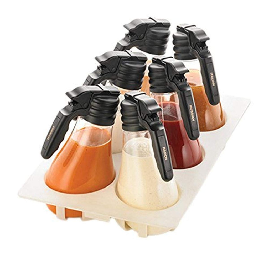 TableCraft N481, Dressing Set, 48 oz Capacity, Includes 6 Tritan Dispensers, White Tray, 10 Label Tags, NSF Listed, BPA Free, Dishwasher Safe, Screw Top with Large Handle, Made in USA