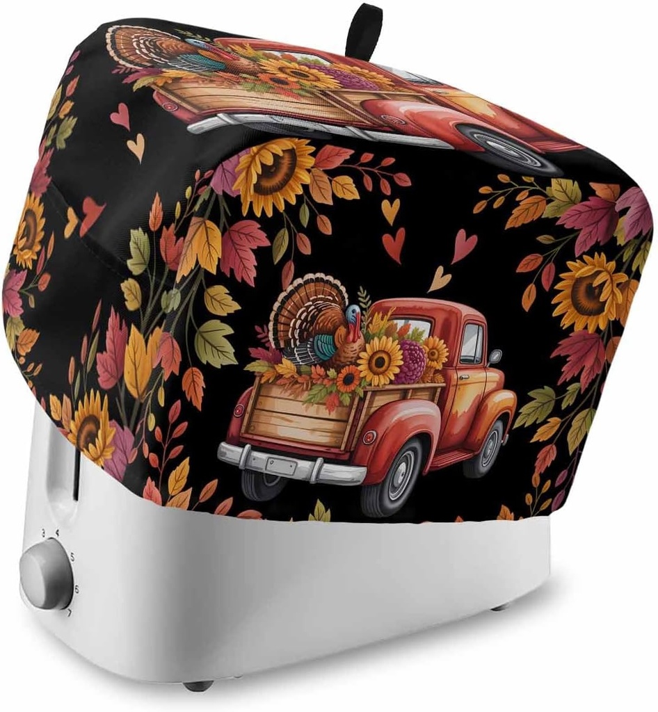 Fall Red Truck Toaster Cover 4 Slice, Kitchen Appliance Covers with Pocket & Loop, Thanksgiving Sunflower Turkey Maple Leaf Black Bread Machine Covers Dust & Fingerprint Protection